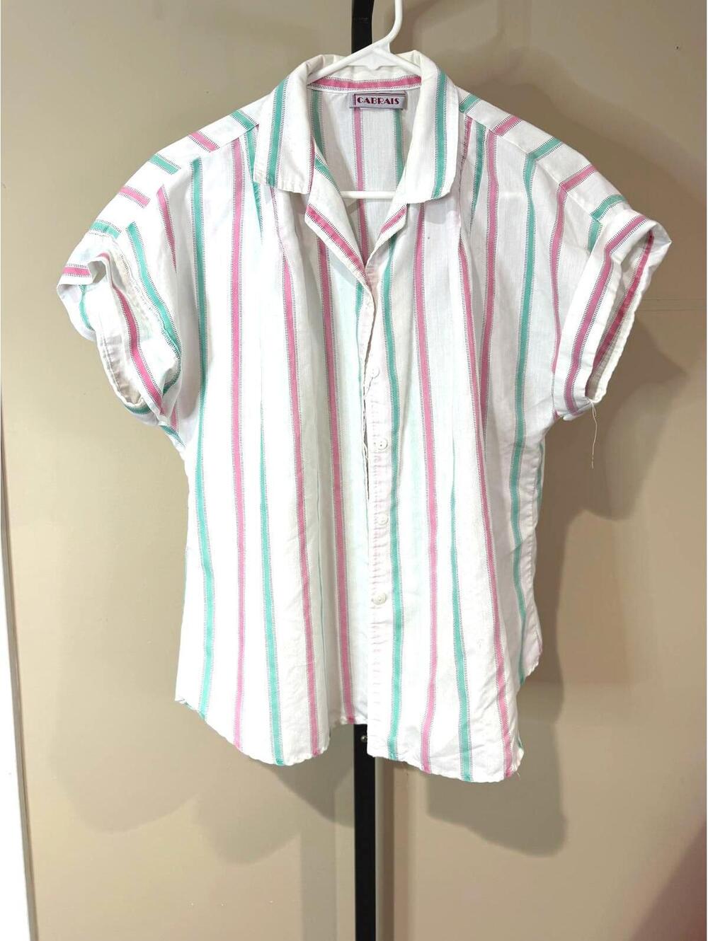 80s Cabrais Striped Short Sleeve Button-Up Blouse